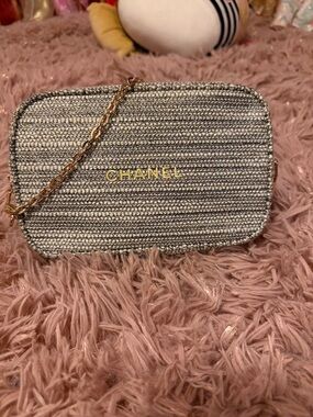 CHANEL Silver and Cream Woven Cosmetic Bag with Gold Chain